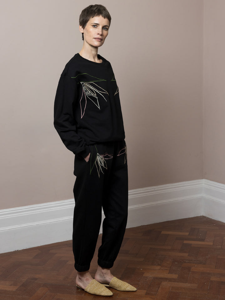 Susie Embroidered Sweatshirt Black Cotton Fleece