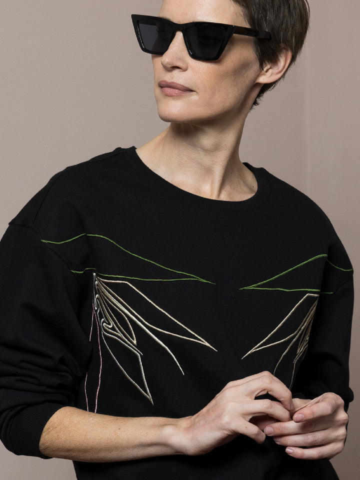 Susie Embroidered Sweatshirt Black Cotton Fleece