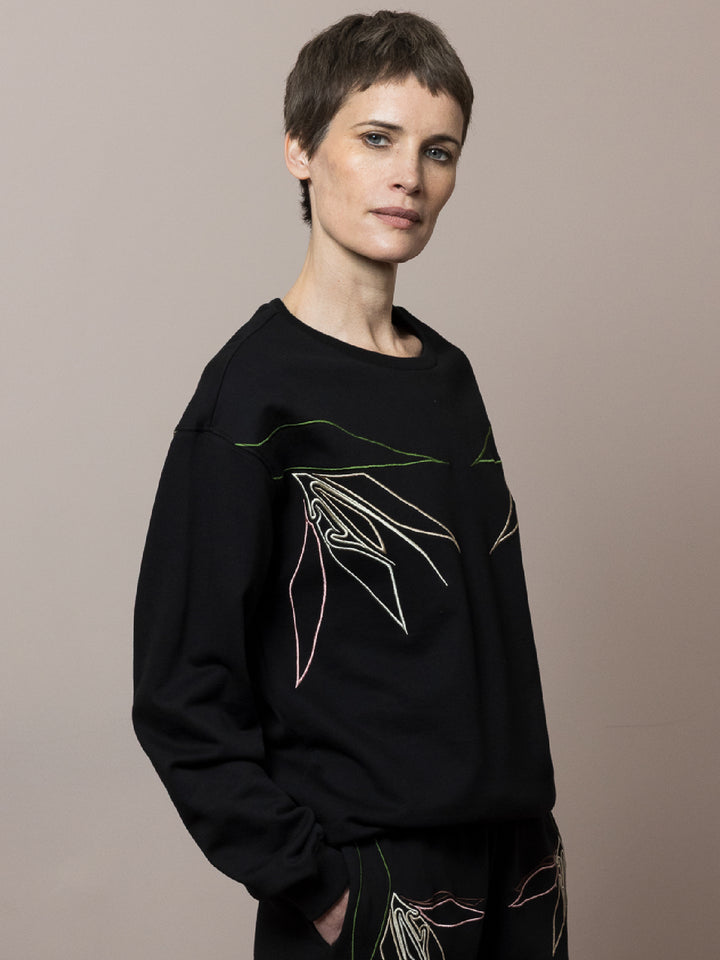 Susie Embroidered Sweatshirt Black Cotton Fleece