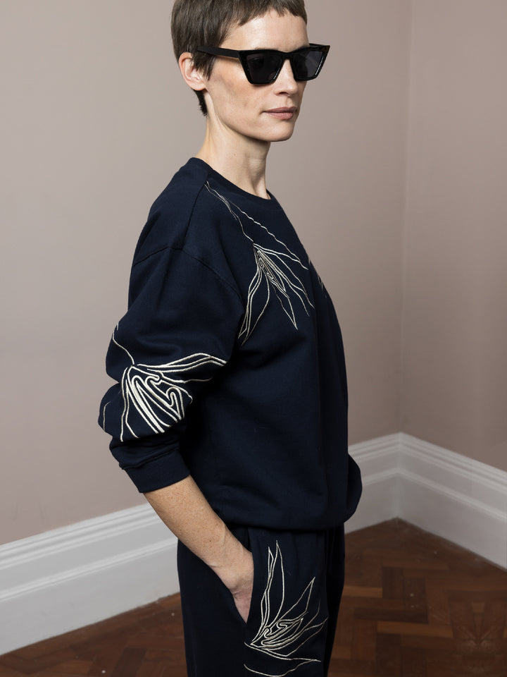 Susie Embroidered Sweatshirt Navy Cotton Fleece