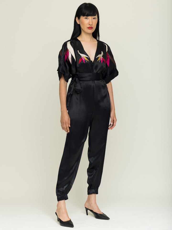 Tessa Jumpsuit Royal Satin Crepe Jet Embroidered