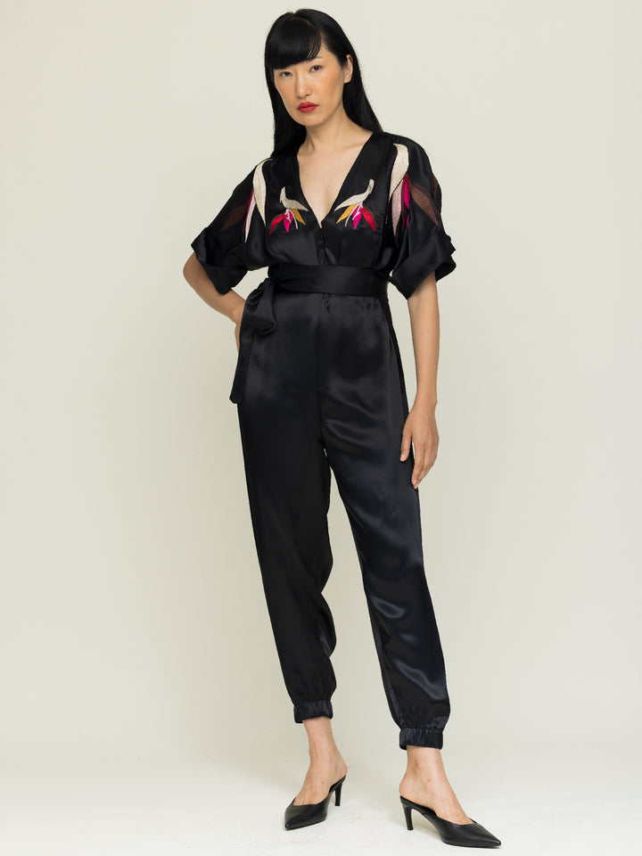 Tessa Jumpsuit Royal Satin Crepe Jet Embroidered