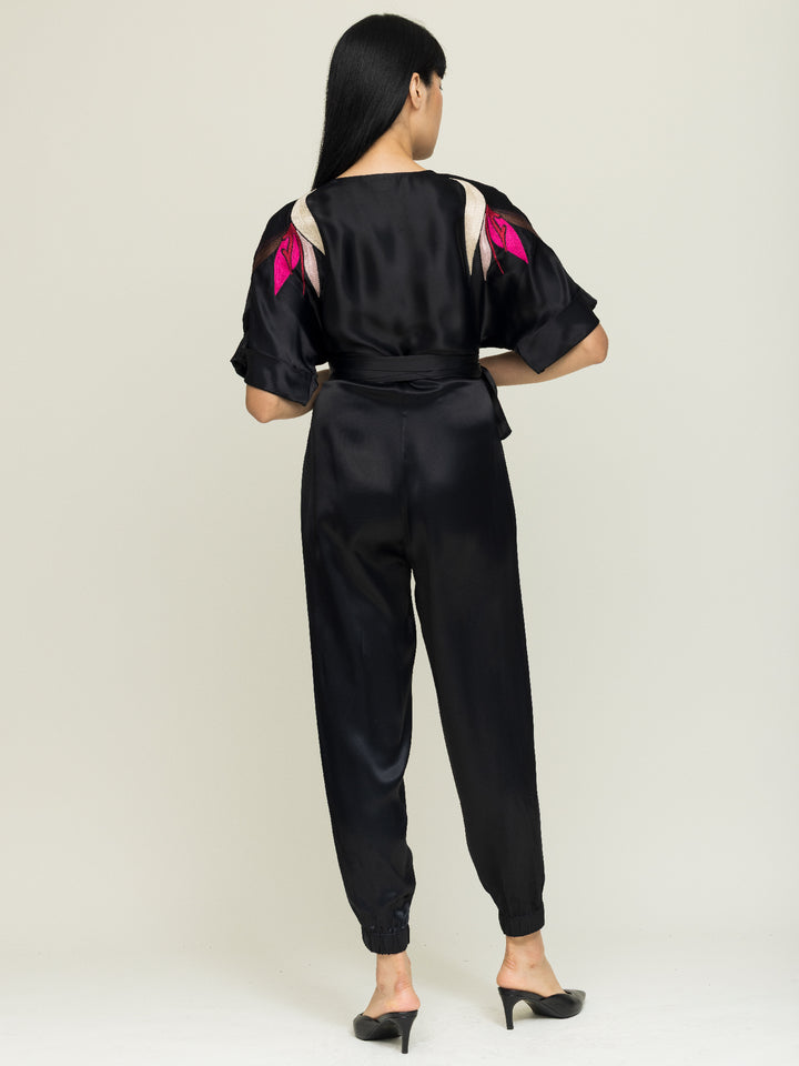 Tessa Jumpsuit Royal Satin Crepe Jet Embroidered