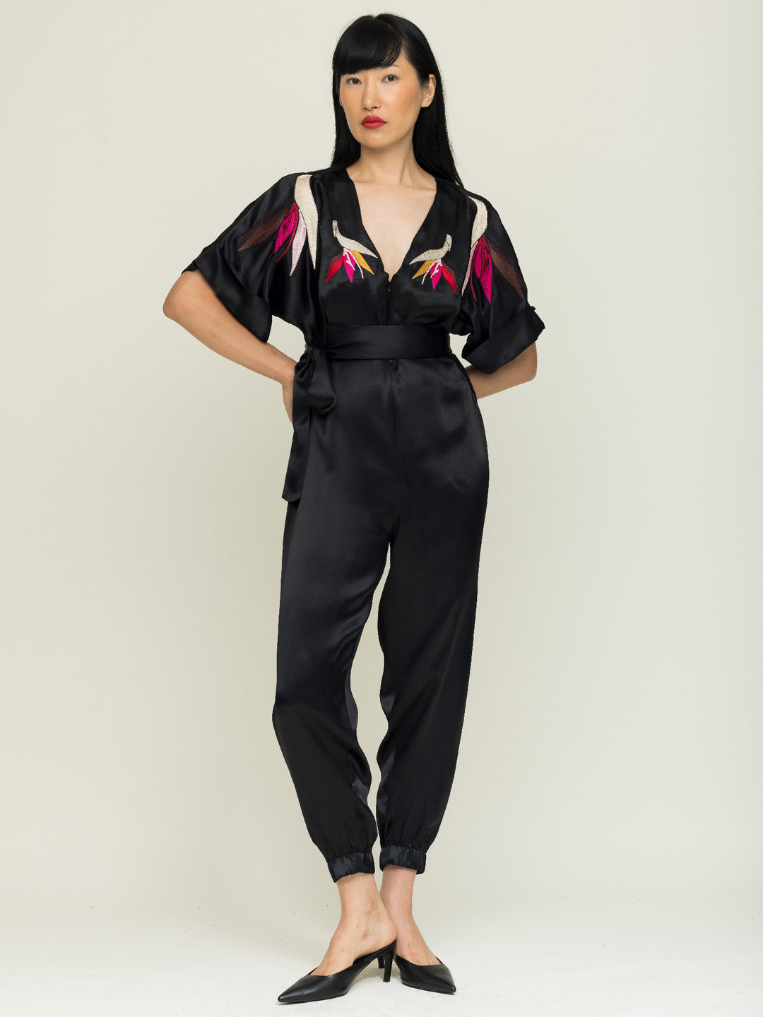 Tessa Jumpsuit Royal Satin Crepe Jet Embroidered