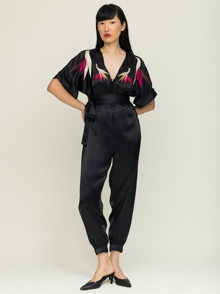 Tessa Jumpsuit Royal Satin Crepe Jet Embroidered