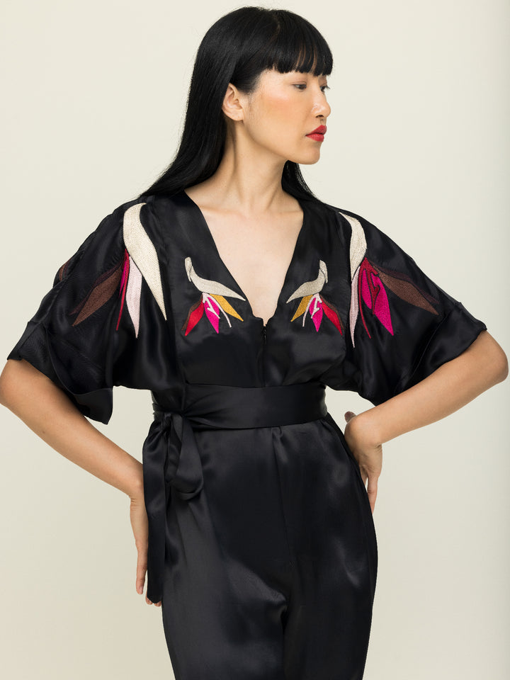 Tessa Jumpsuit Royal Satin Crepe Jet Embroidered