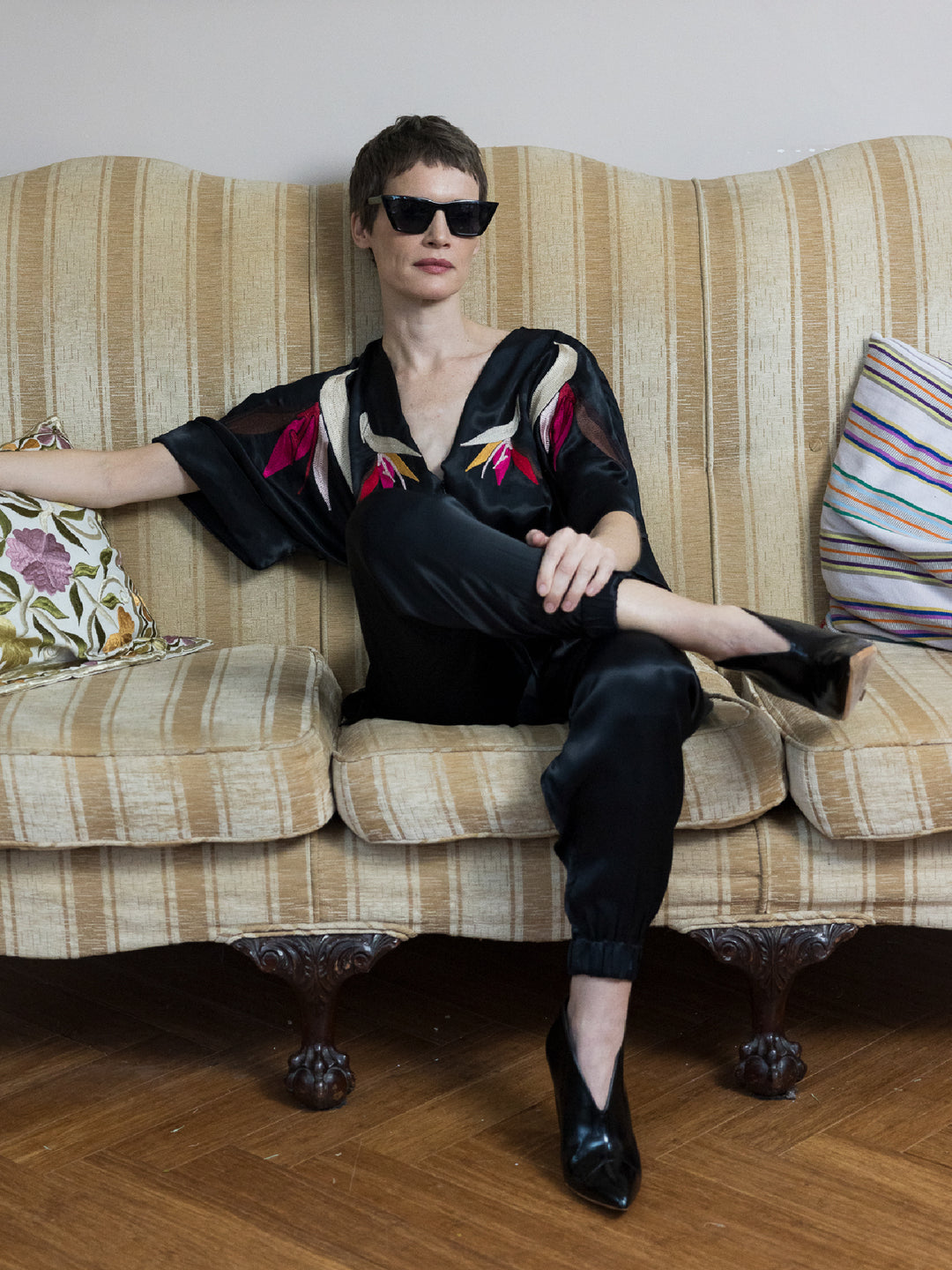 Tessa Jumpsuit Royal Satin Crepe Jet Embroidered