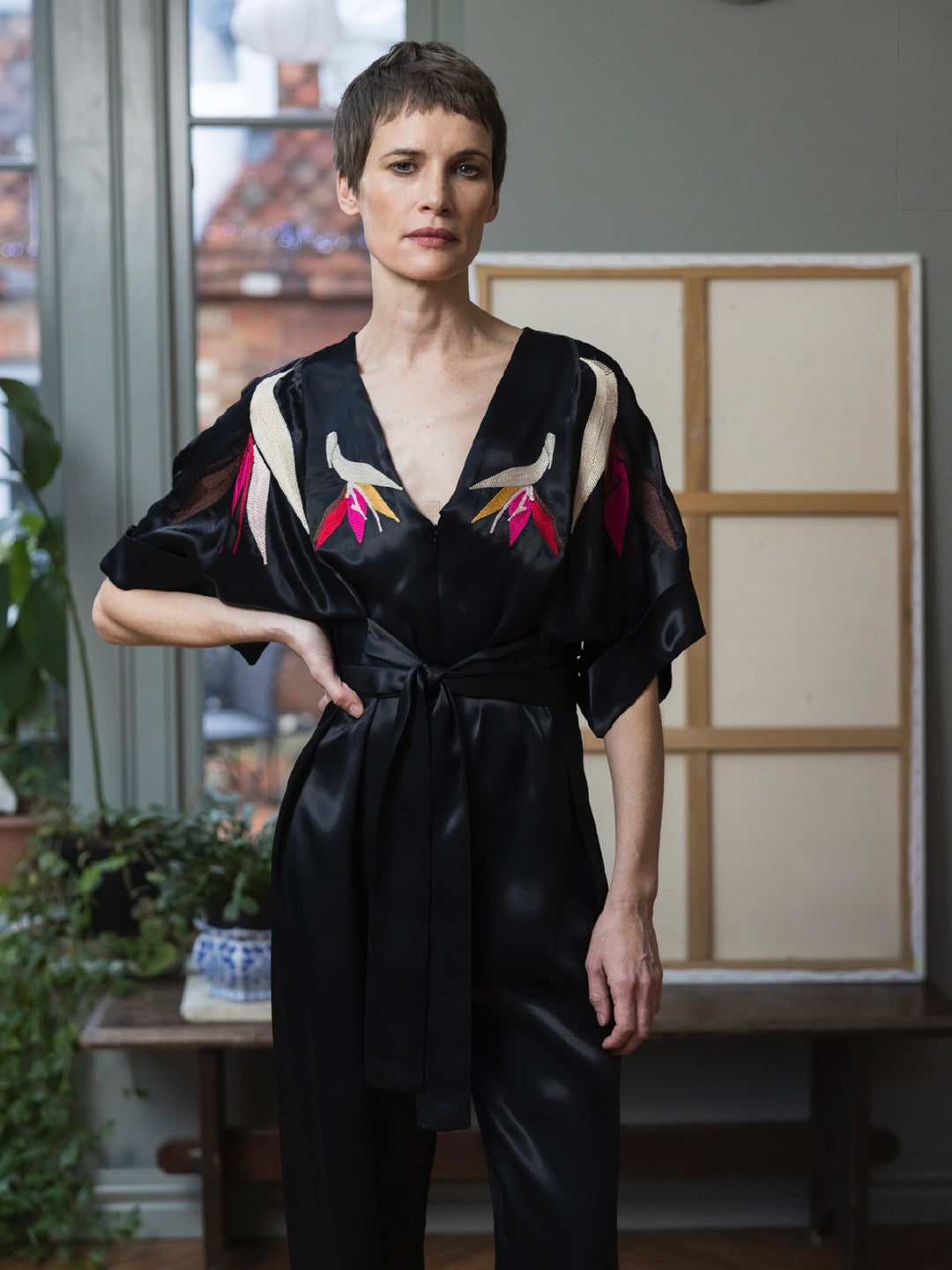 Tessa Jumpsuit Royal Satin Crepe Jet Embroidered