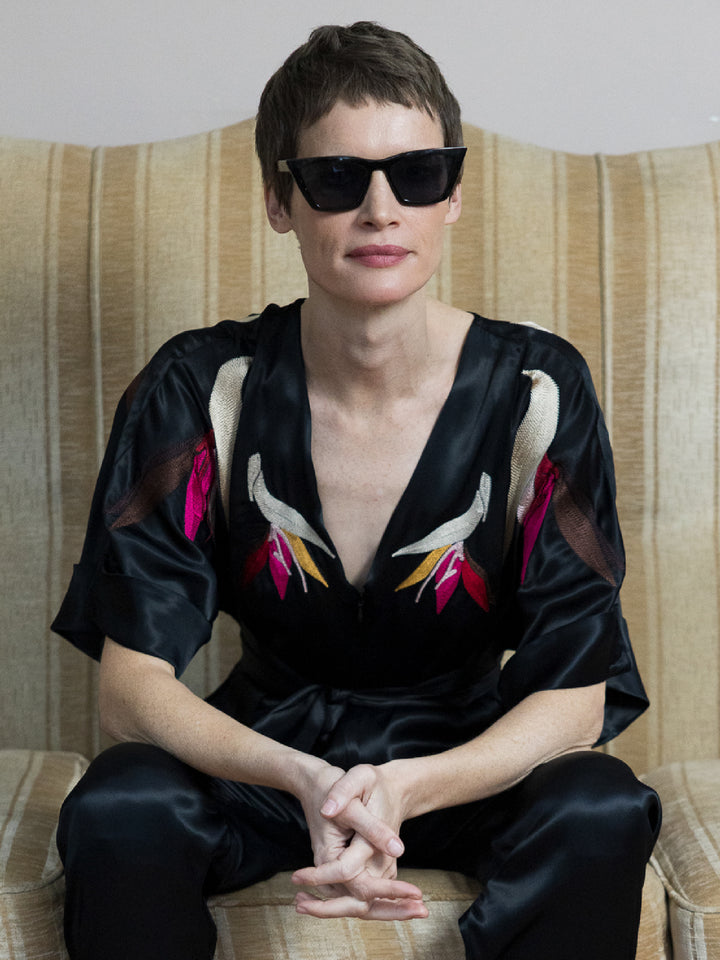 Tessa Jumpsuit Royal Satin Crepe Jet Embroidered