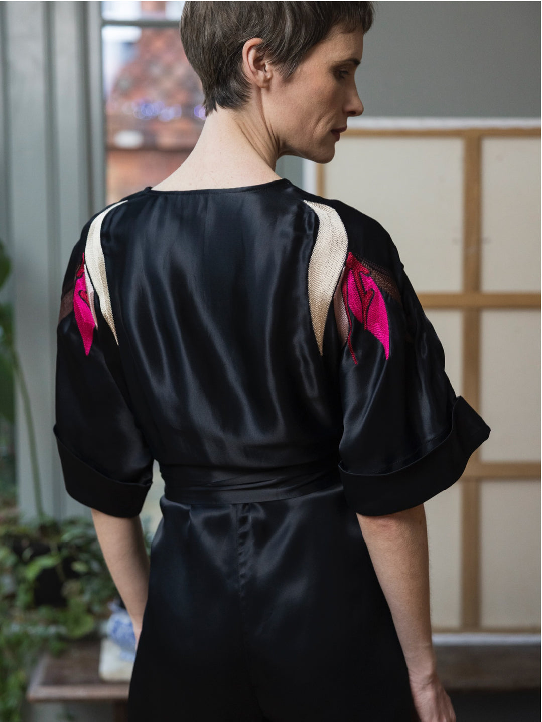 Tessa Jumpsuit Royal Satin Crepe Jet Embroidered