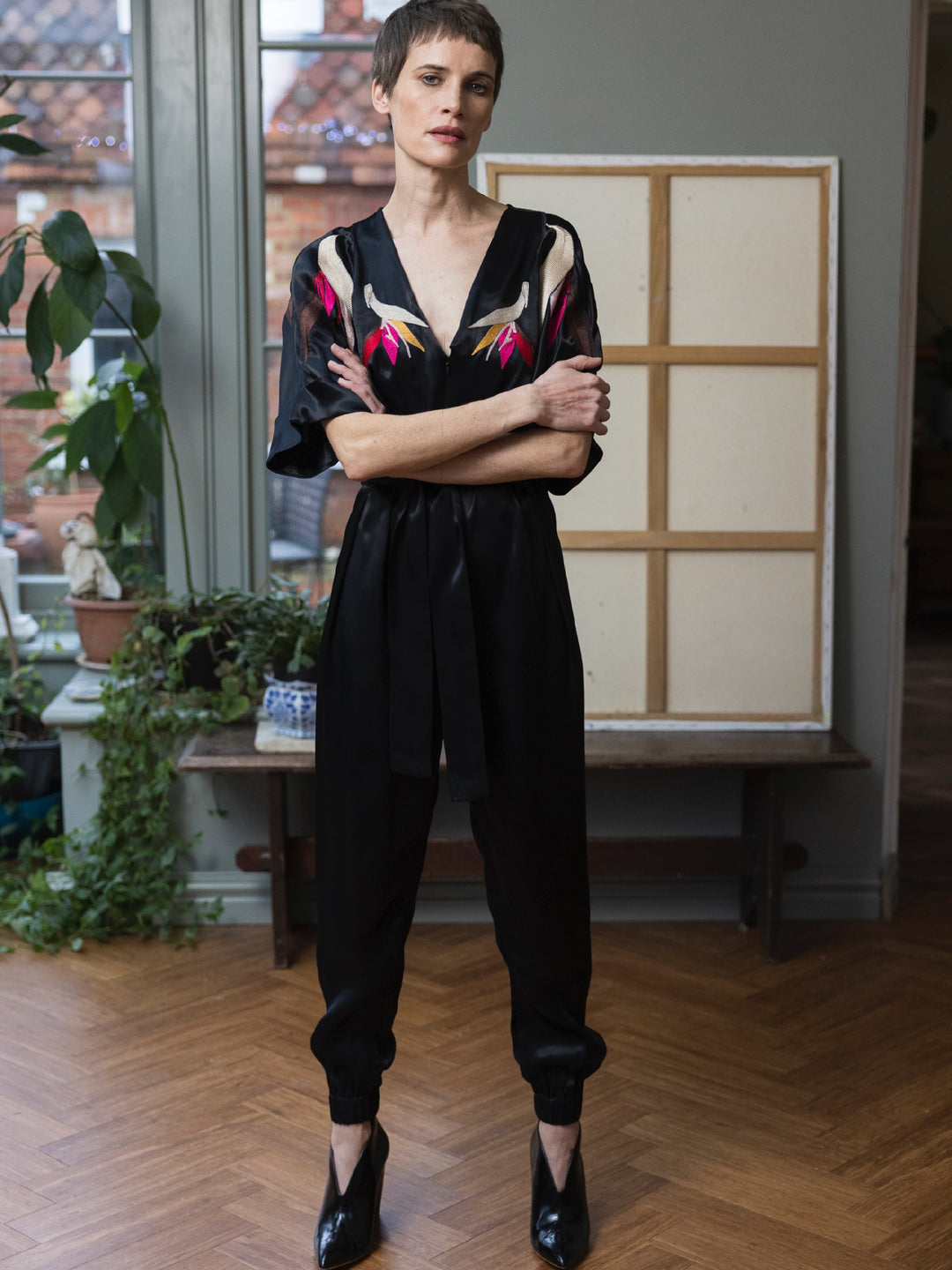 Tessa Jumpsuit Royal Satin Crepe Jet Embroidered