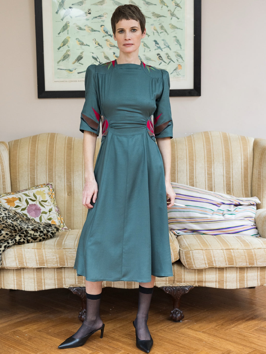 Alma Dress Ecovero Twill Seagreen Embroidered