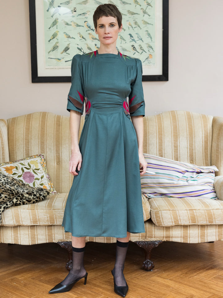 Alma Dress Ecovero Twill Seagreen Embroidered