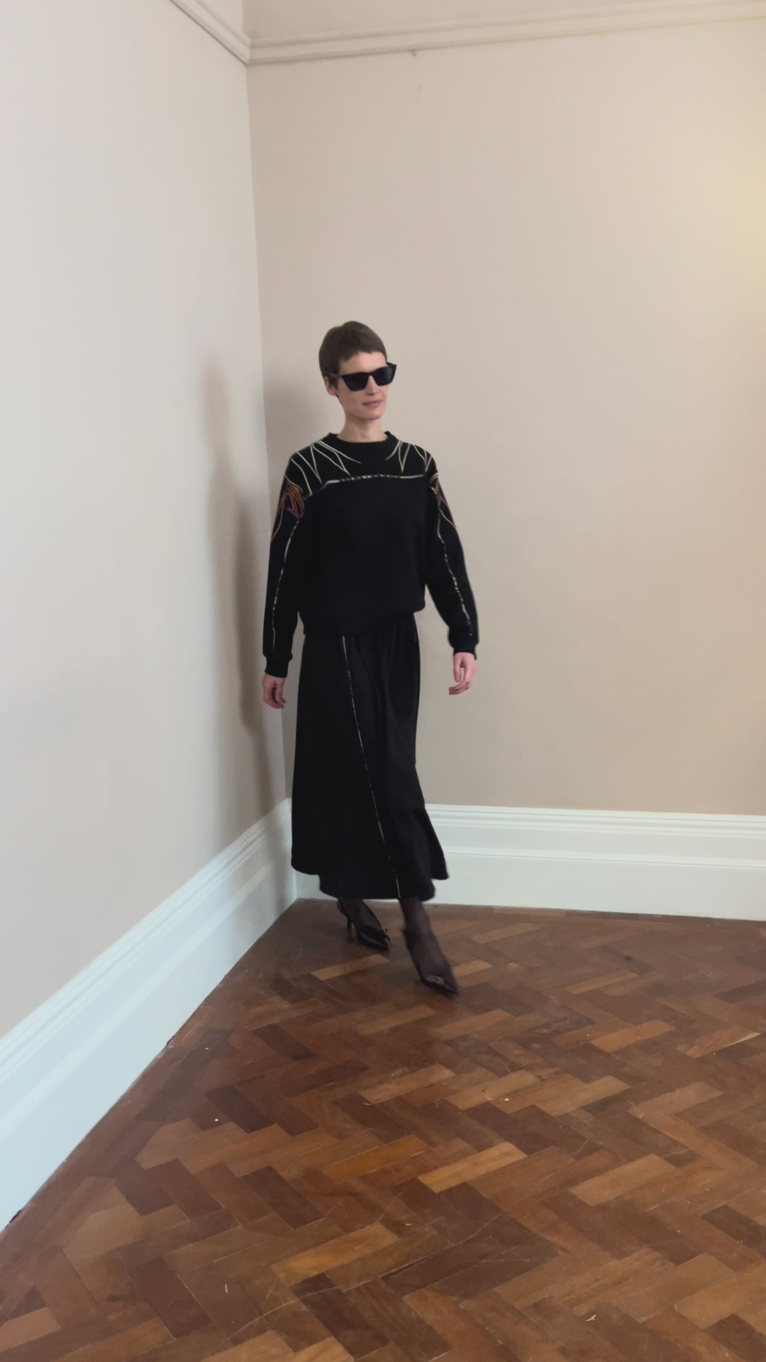 Sadie Double Piping Skirt Black Cotton Fleece