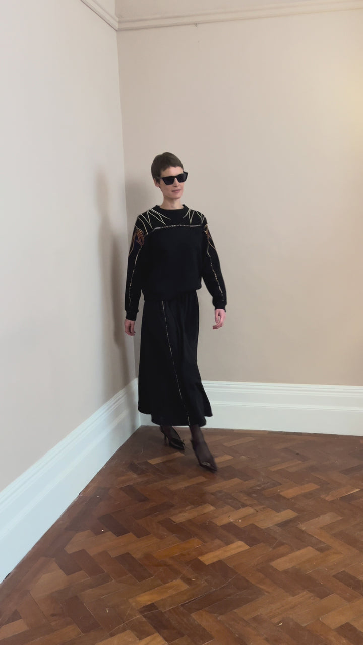 Sadie Double Piping Skirt Black Cotton Fleece