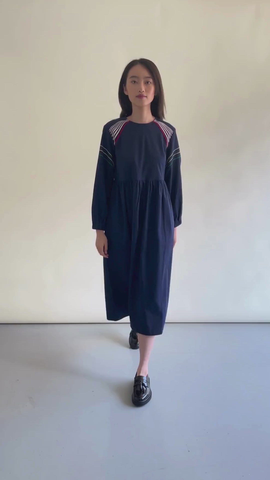 Mim Long Sleeve Embroidered Navy Satin Poplin Midi Dress