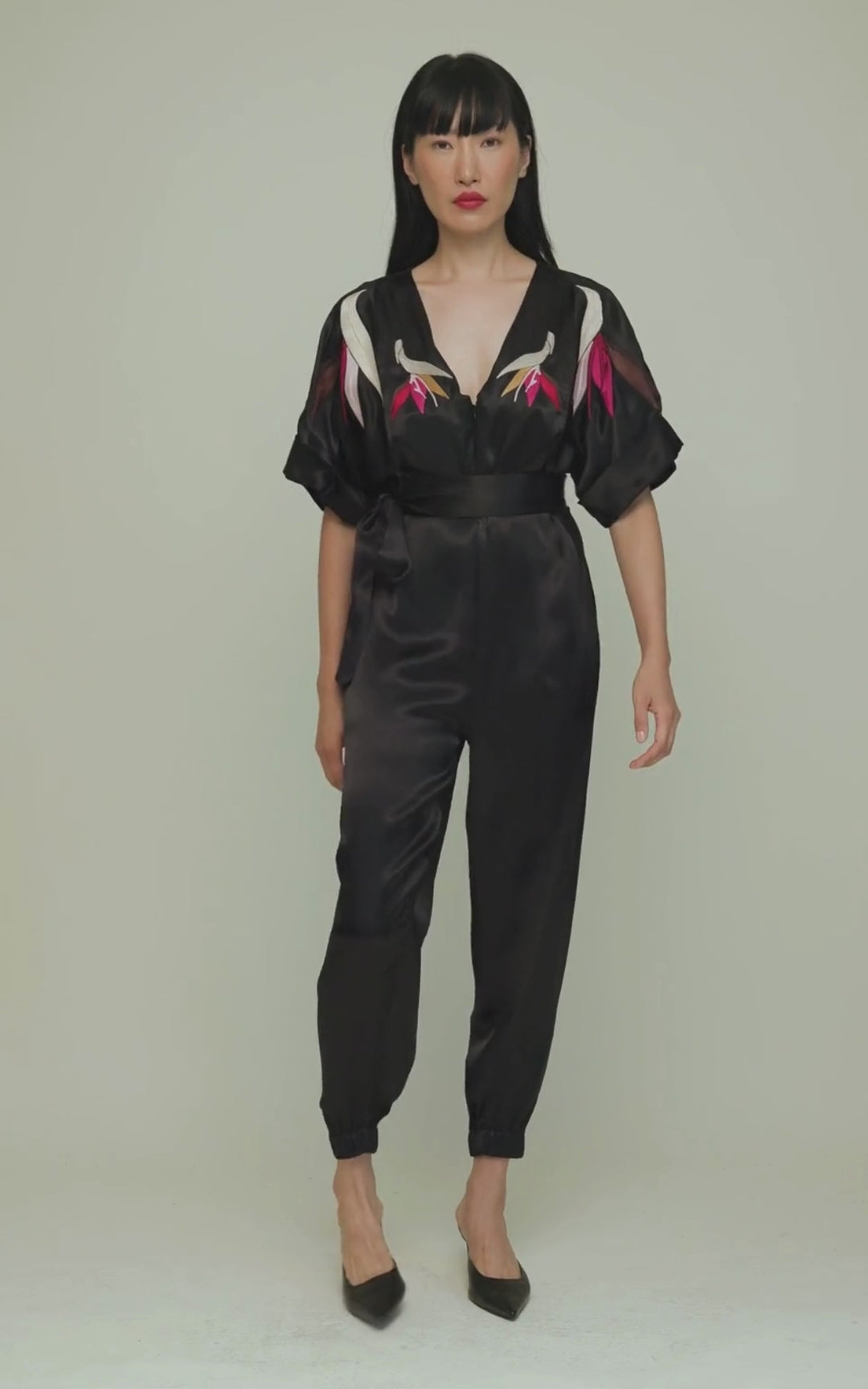 Tessa Jumpsuit Royal Satin Crepe Jet Embroidered