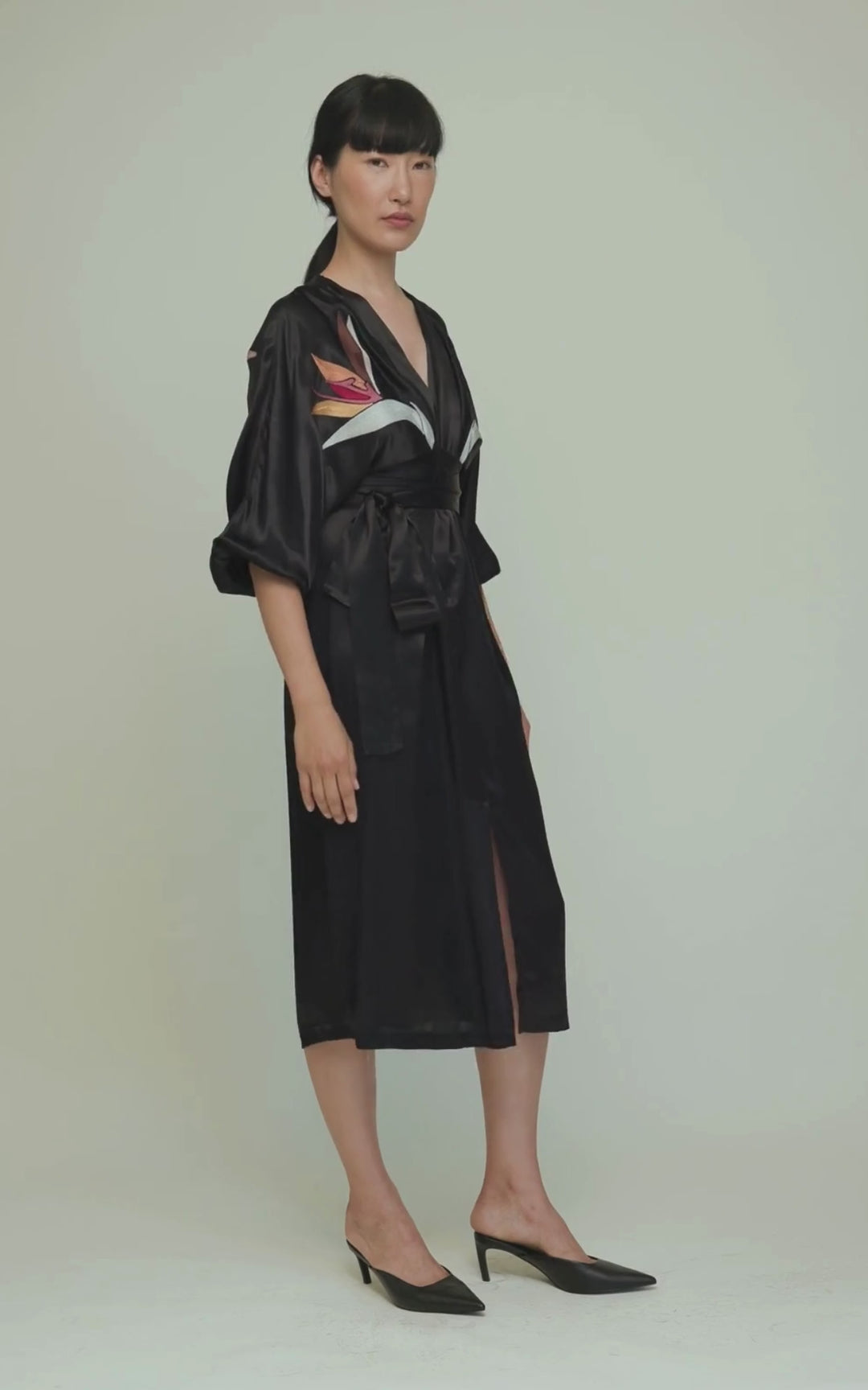 Hannah Wrap dress Royal Satin Crepe Jet Embroidered