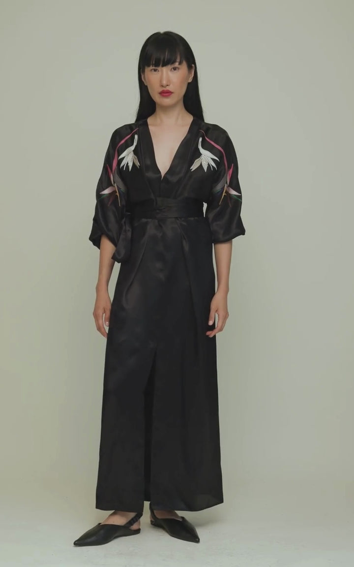 Dorothy Wrap Dress Royal Satin Crepe Jet Black Embroidered
