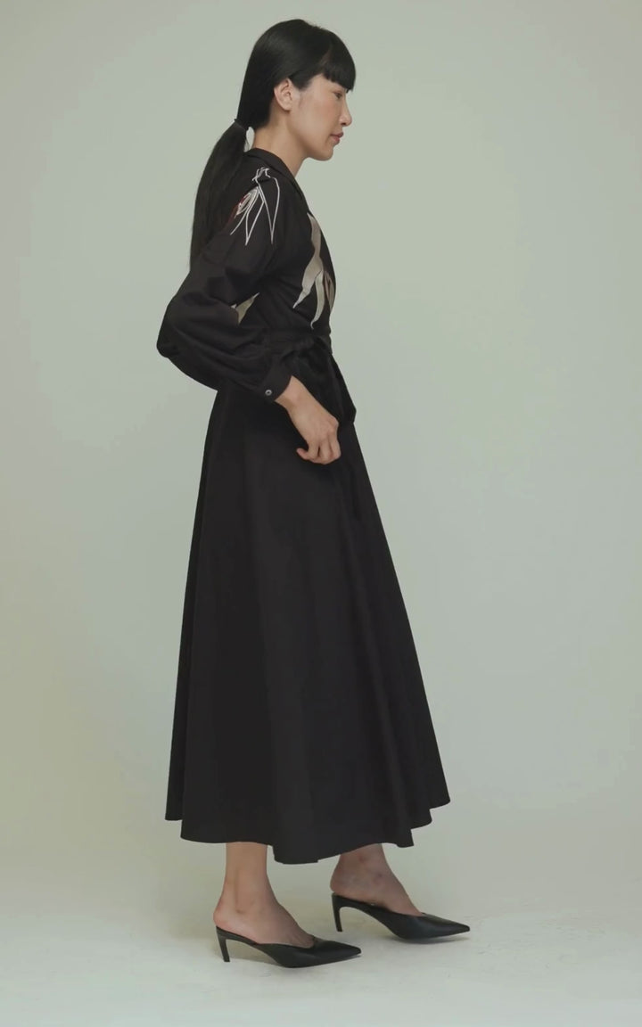 Mitzi Dress Heavy Cotton Satin Poplin Black Embroidered