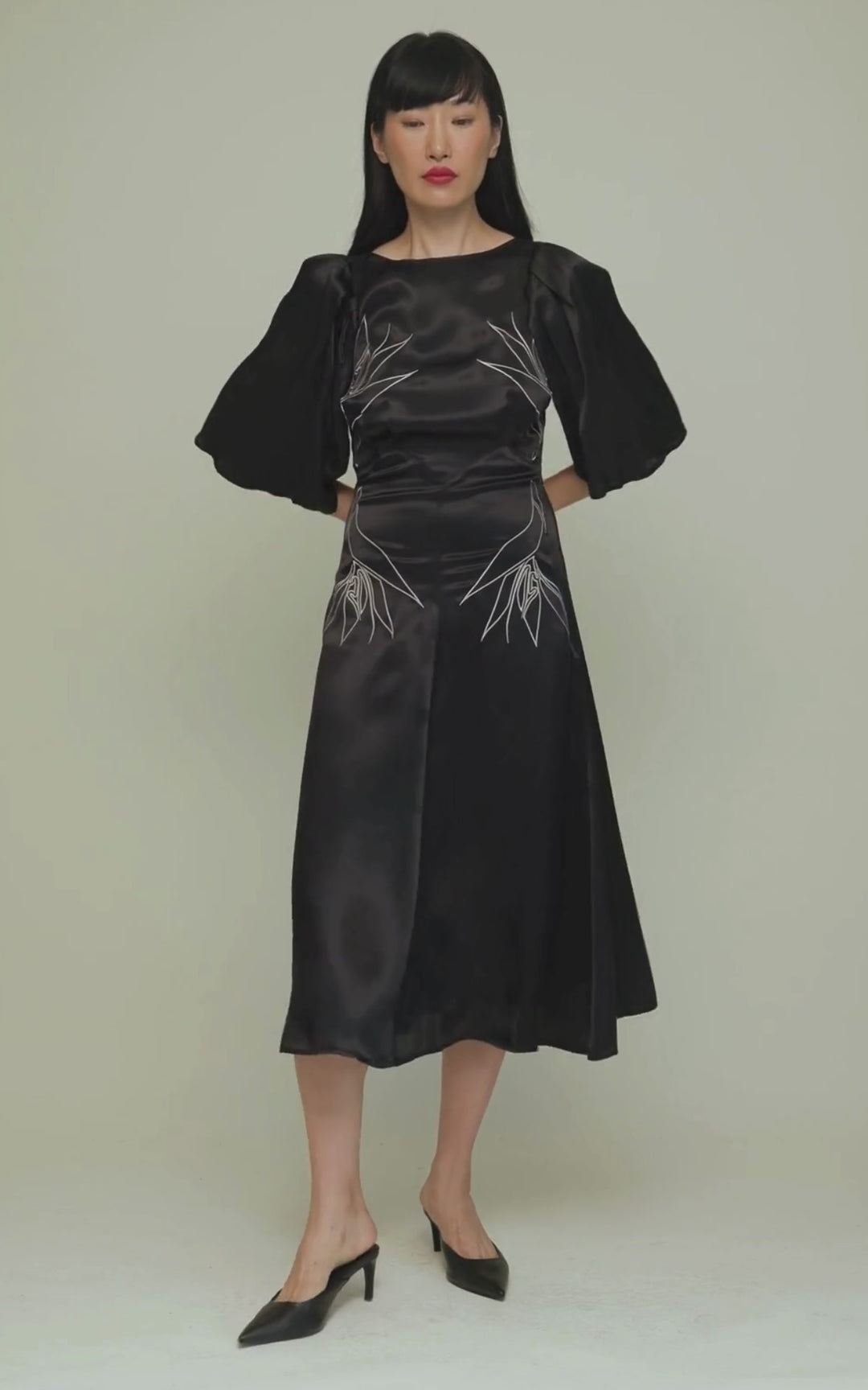 Florence Dress Royal Satin Crepe Jet Black Embroidered