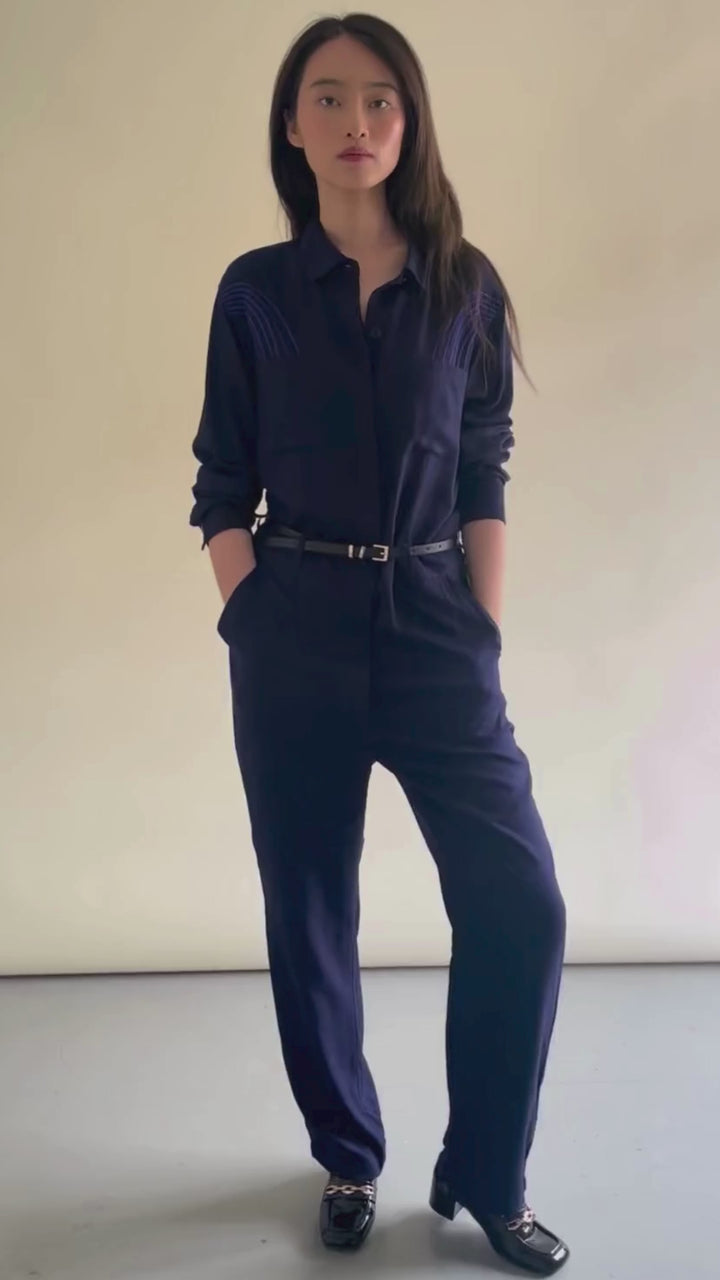 Elenor Long Sleeve Embroidered Navy Jumpsuit