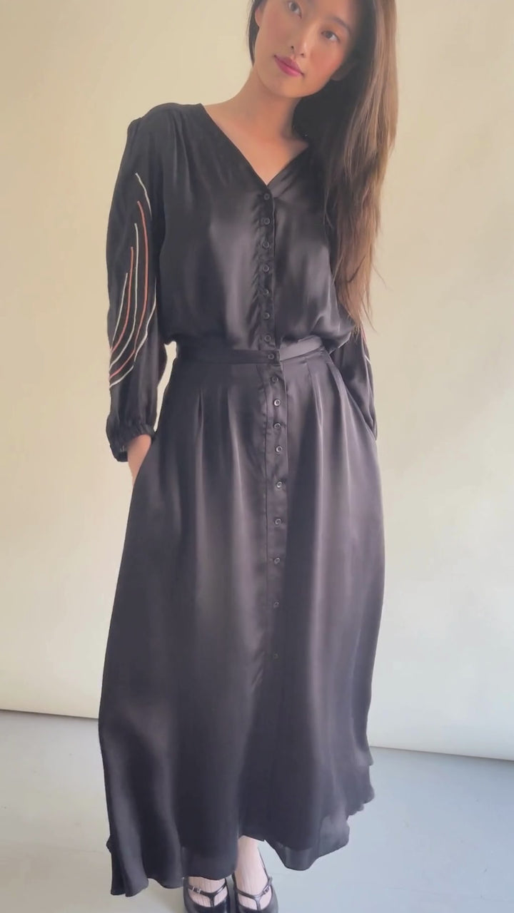 Floaty Black Long Skirt with Front Buttons