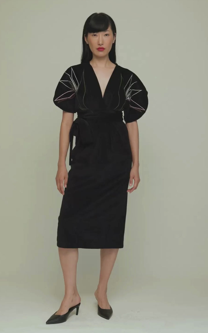 Miller Dress Cotton Velvet Black Embroidered