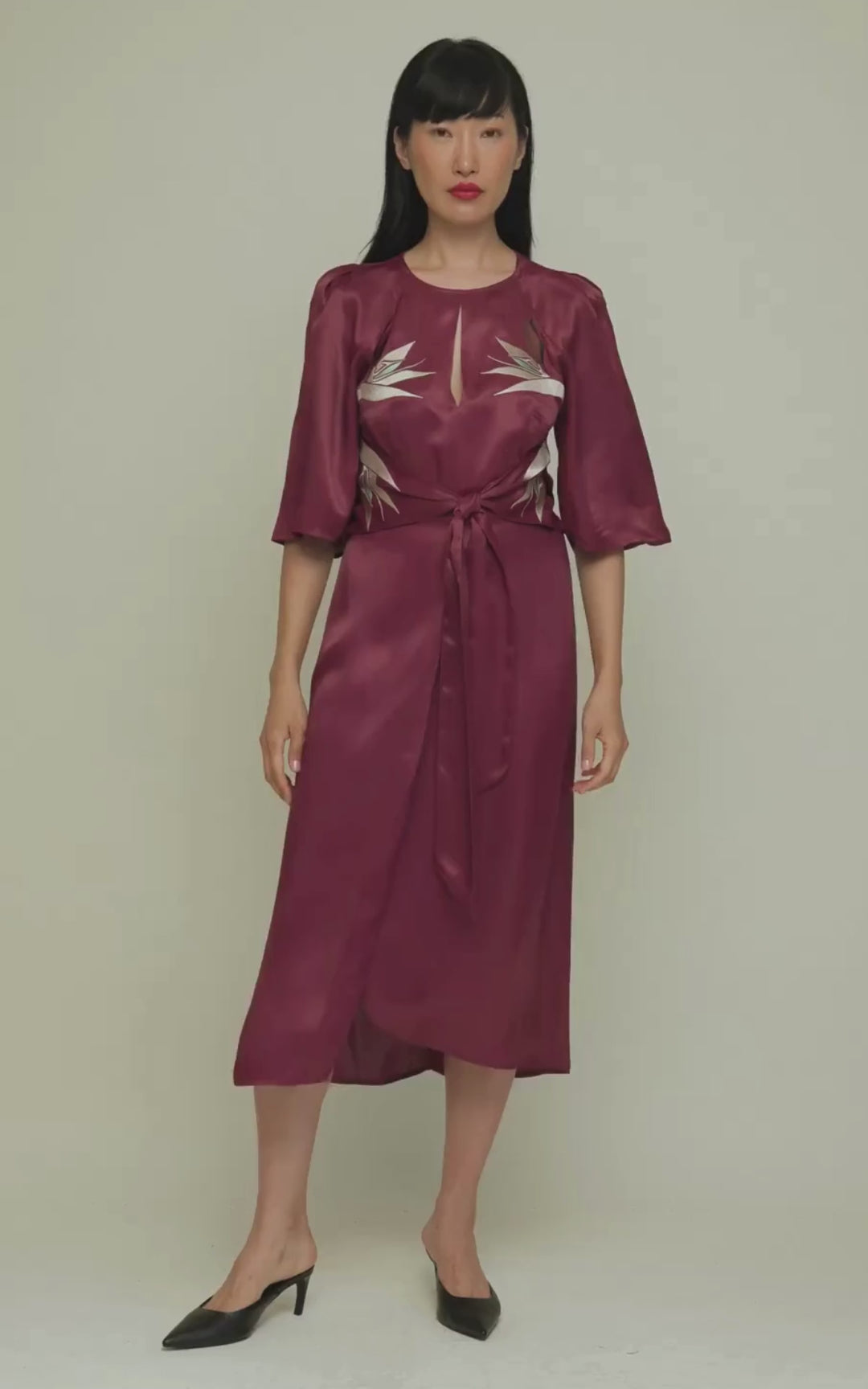 Harriet Dress Royal Satin Crepe Plum Embroidered Delivery