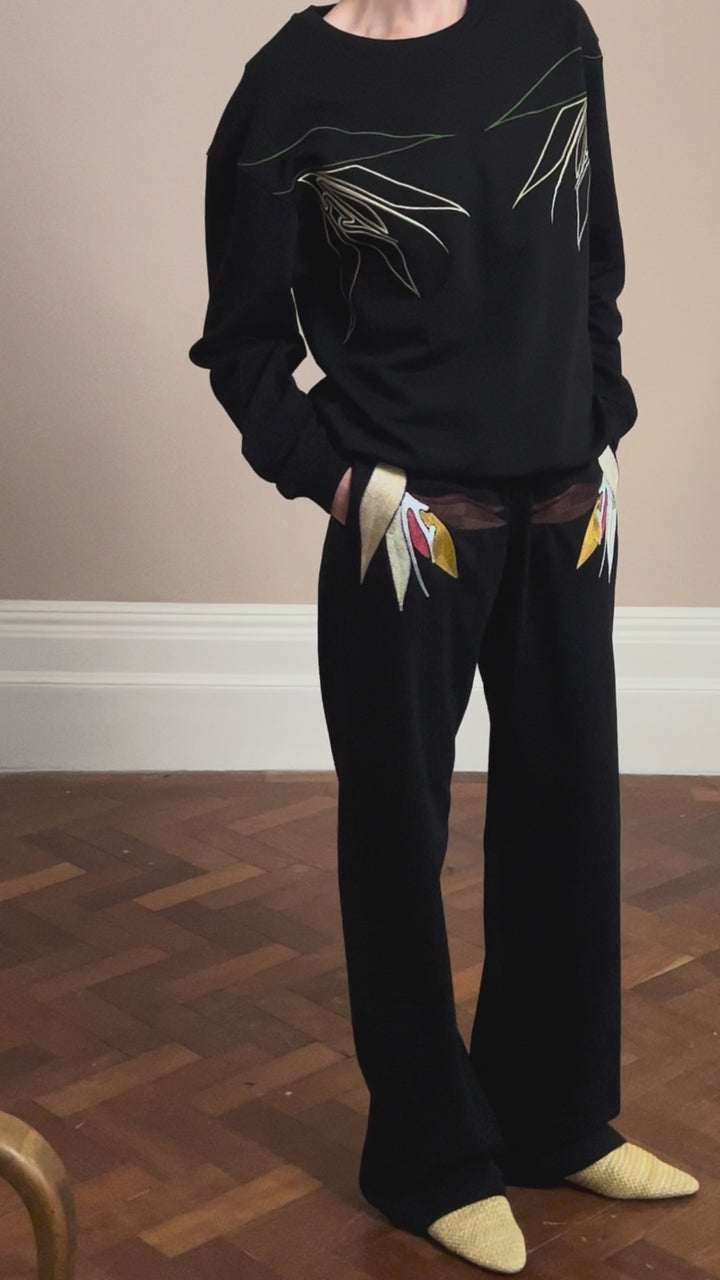 Parker wide leg Jogger Embroidered Black Cotton Fleece