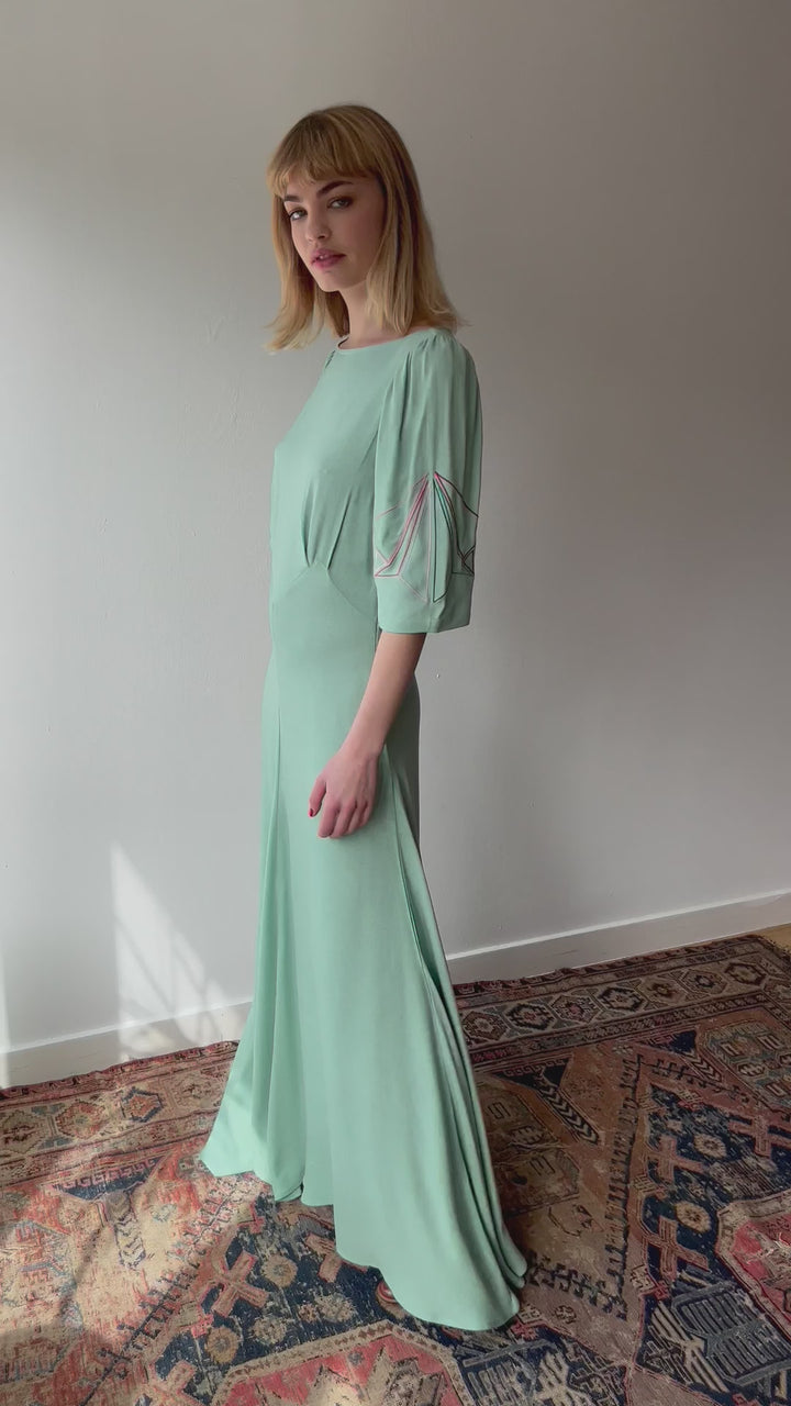 June Dress Jade Green Embroidered